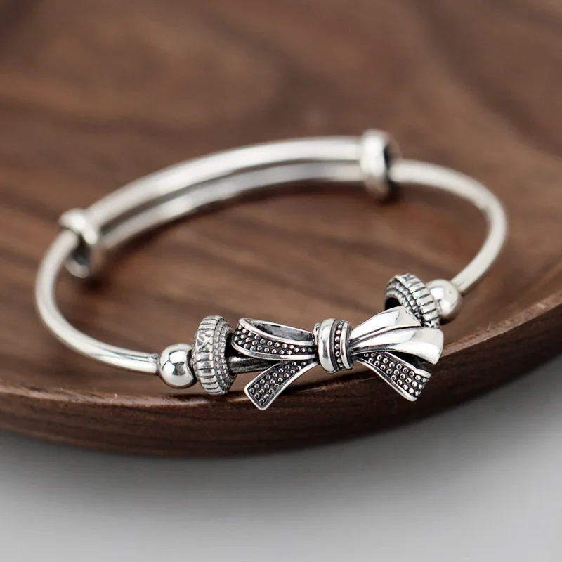 Retro Hip Hop Style bowknot Bracelets for women Fashion New In silver 925 Push Pull bangles Party Jewelry