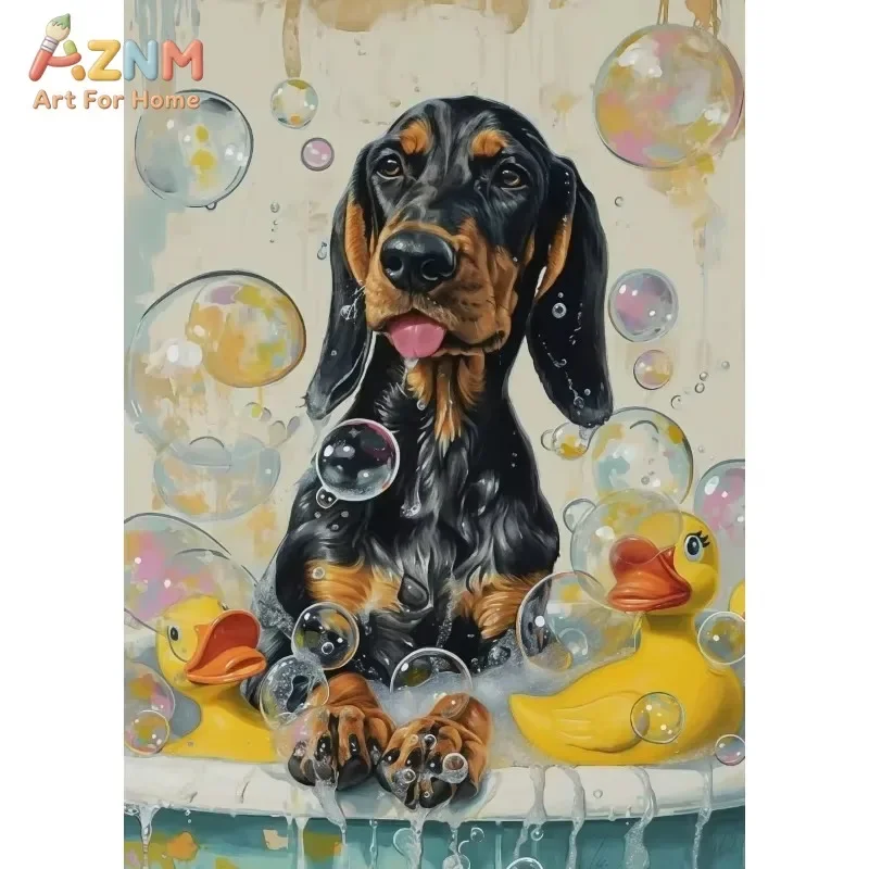 Cute Dog Bath Time Canvas Wall Art Funny Puppy Rubber Duck Bubble Print Unframed Canvas Poster for Bathroom Kids Room Home Decor