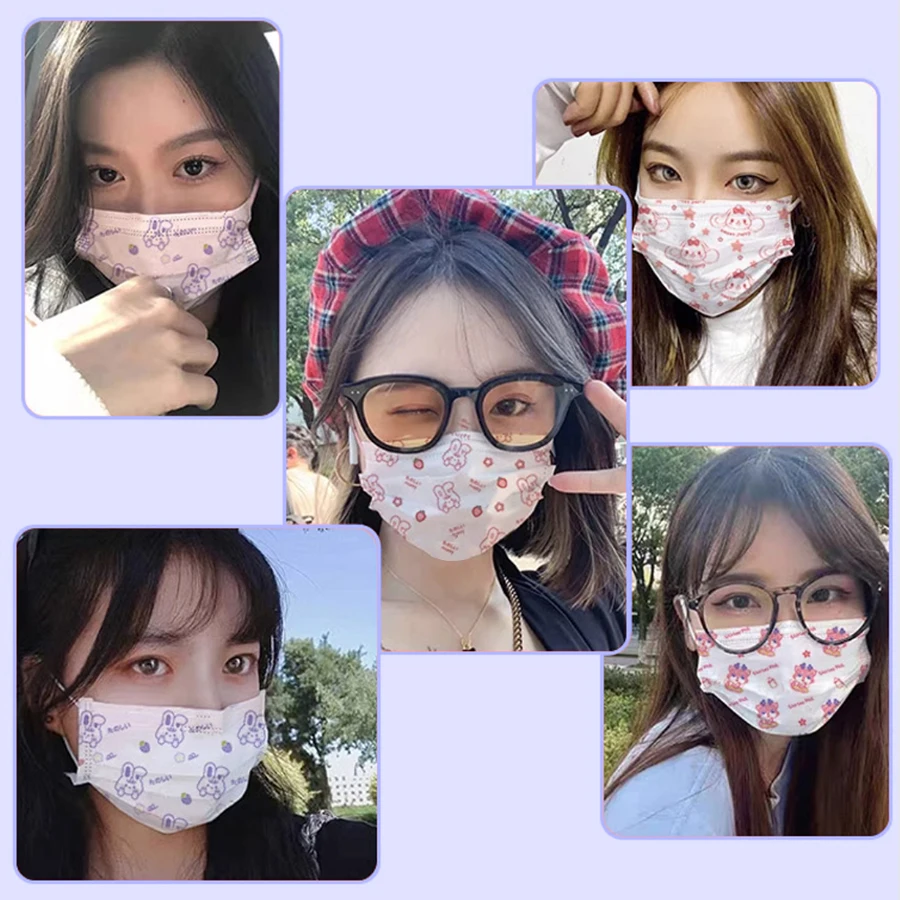 Cartoon Face Mask Adult Children Women Disposable Individually Wrapped Kawaii Cute Strawberry Rabbit Pink Purple Youth Mask