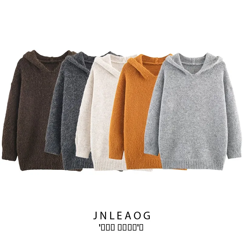 

JNLEAOG Осенняя новинка: Модный женский вязаный свитер-худи в уличном стиле с длинными рукавами, круглым вырезом, теплый, термоизоляционный, из полиэстера.
