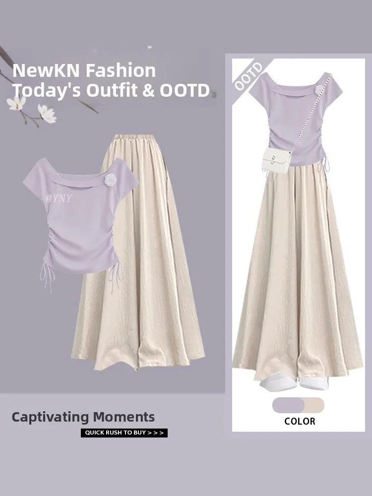 

Повседневный фиолетовый ort Sve женский летний комплект с юбкой, драпированные узкие широкие брюки, комплект из двух предметов, полиэфирное волокно