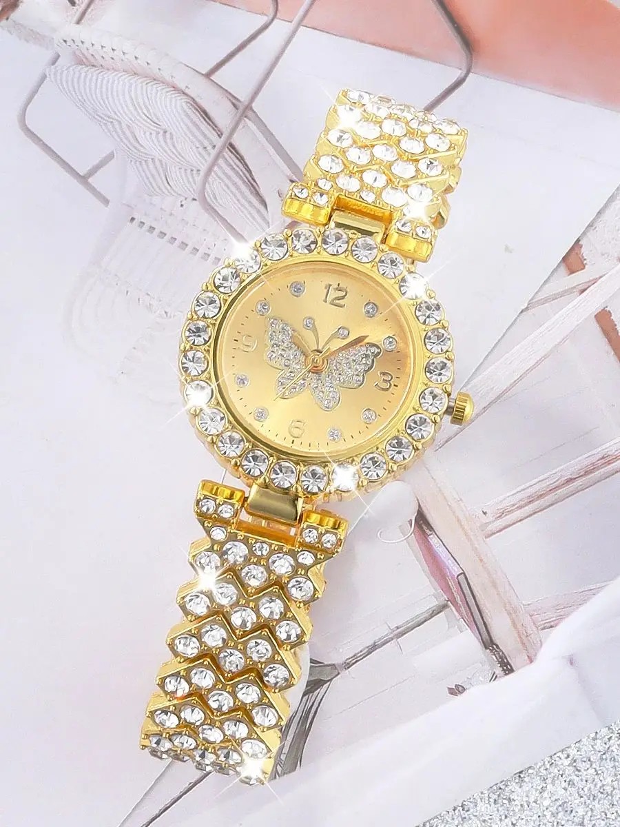 Gold diamond-filled Butterfly ladies quartz watch with a cross Cuban chain gift party set