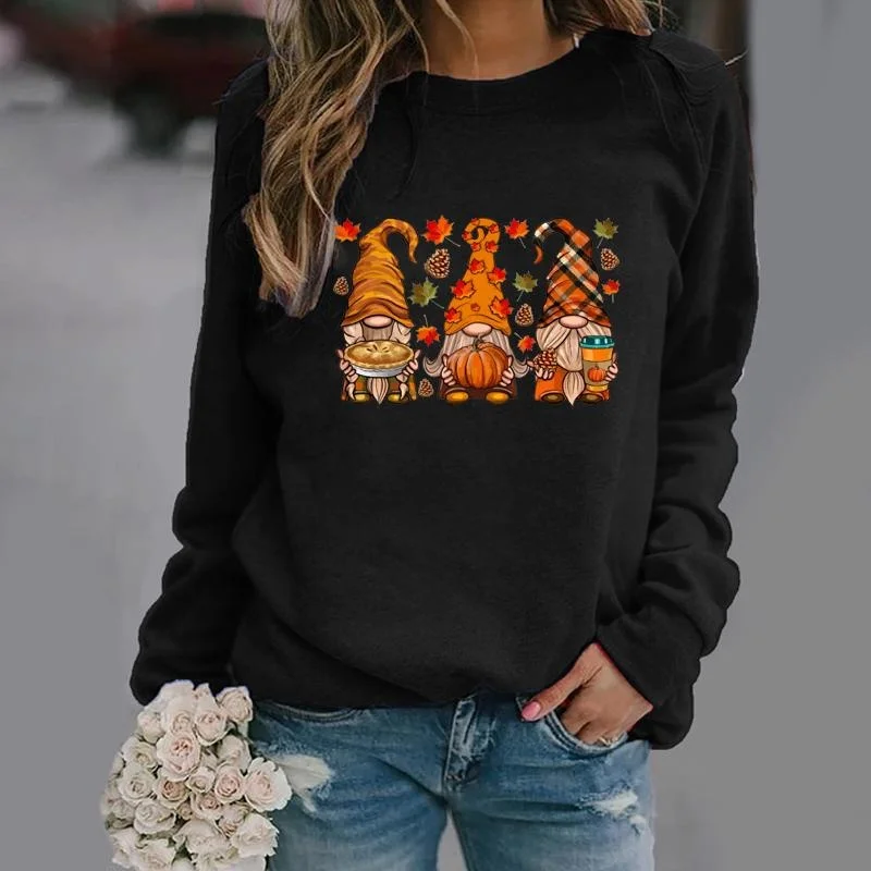 Cute Hello Fall Gnome Print Round Neck Pullover Women's Casual Fashion Long Sleeve Clothing Sweater