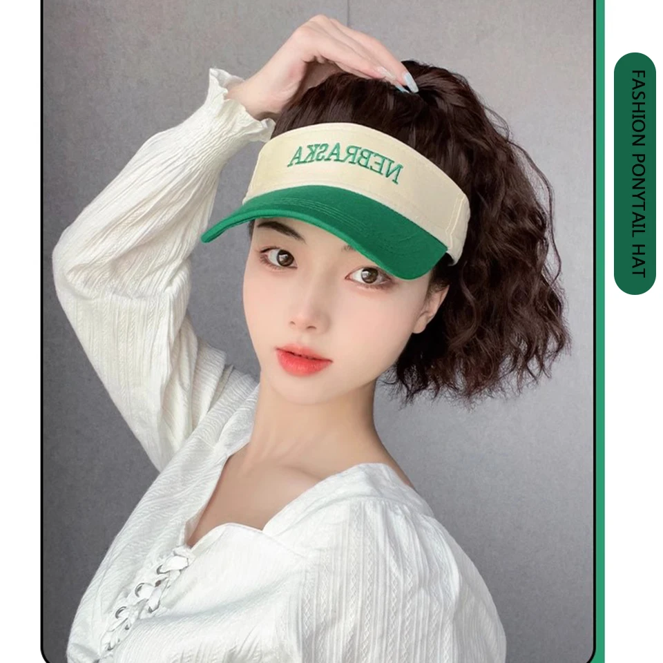 Gorra de béisbol con cola de caballo rizada para mujer, sombrero de peluca sintética, gorra de béisbol ajustable, verde y blanco, primavera y verano