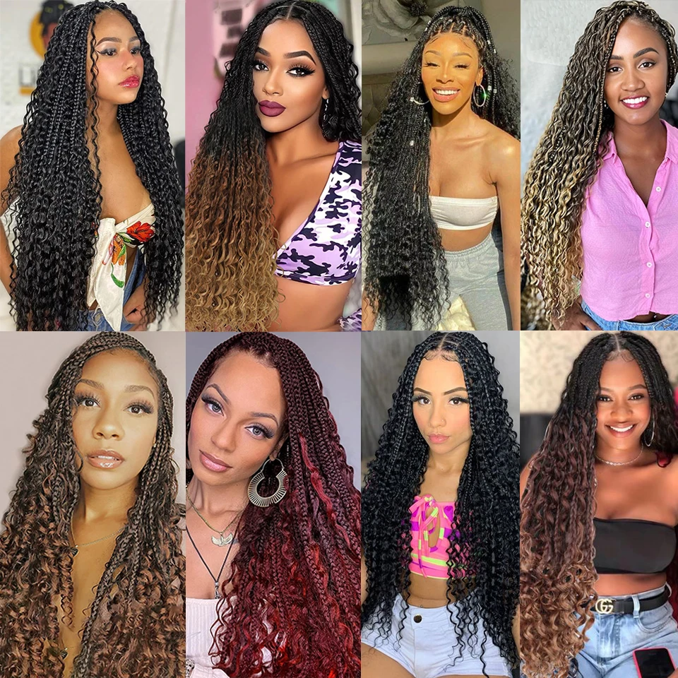 14 18 24 Inch Boho Box Braids Crochet Braids Curly Ends 1B 30 27 #4 Bug 8 Colors Ombre Goddess Bohemian Box Braids Crochet Hair