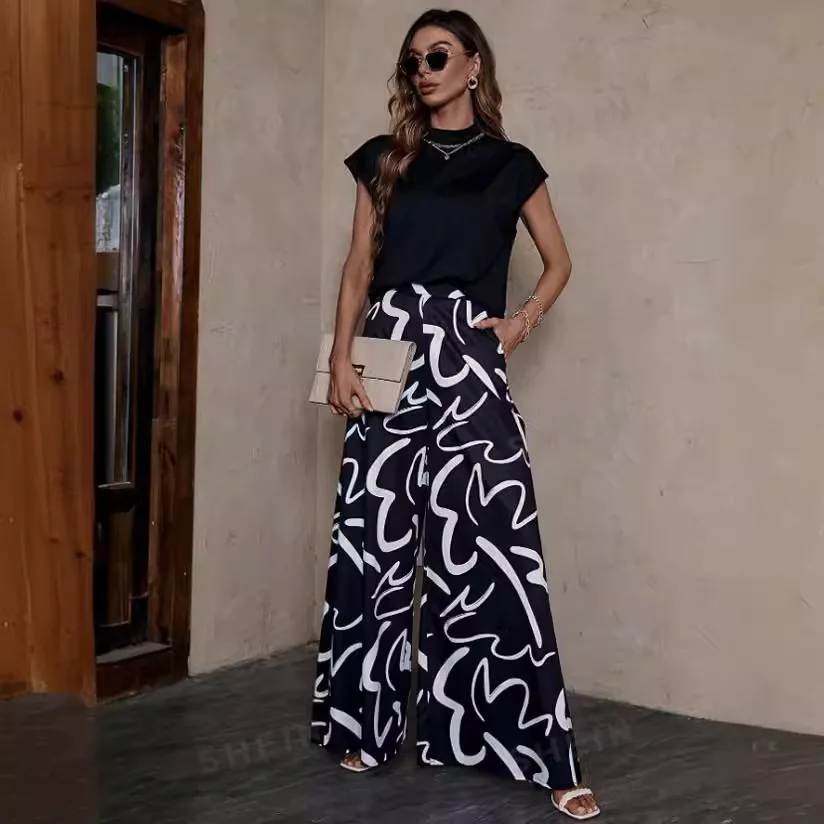 Casual Print Wide Leg Pants Women Fashion Street High Waist Simple Pant Female Boho Loose All Matching Pants Black