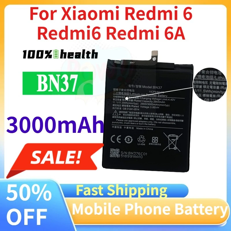 

Brand New BN37 3000mAh Mobile Phone Battery for Xiaomi Redmi 6 Redmi6 Redmi 6A BN37 Phone Replacement Batteries