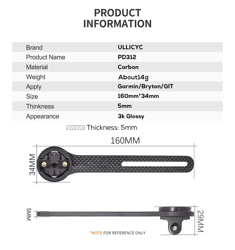 ULLICYC FULL Carbon Bicycle Mount Weight About 14g (160MM*34MM) for Supports GARMIN EDGE Series Bike Computers Bike Accessories