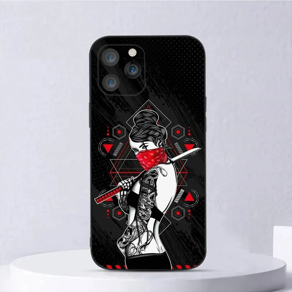 Japanese Samurai Geisha Phone Case For iPhone 15,14,13,12,11,Plus,Pro Max,XS,X,XR,SE,Mini,8,7 Soft Silicone Black Cover