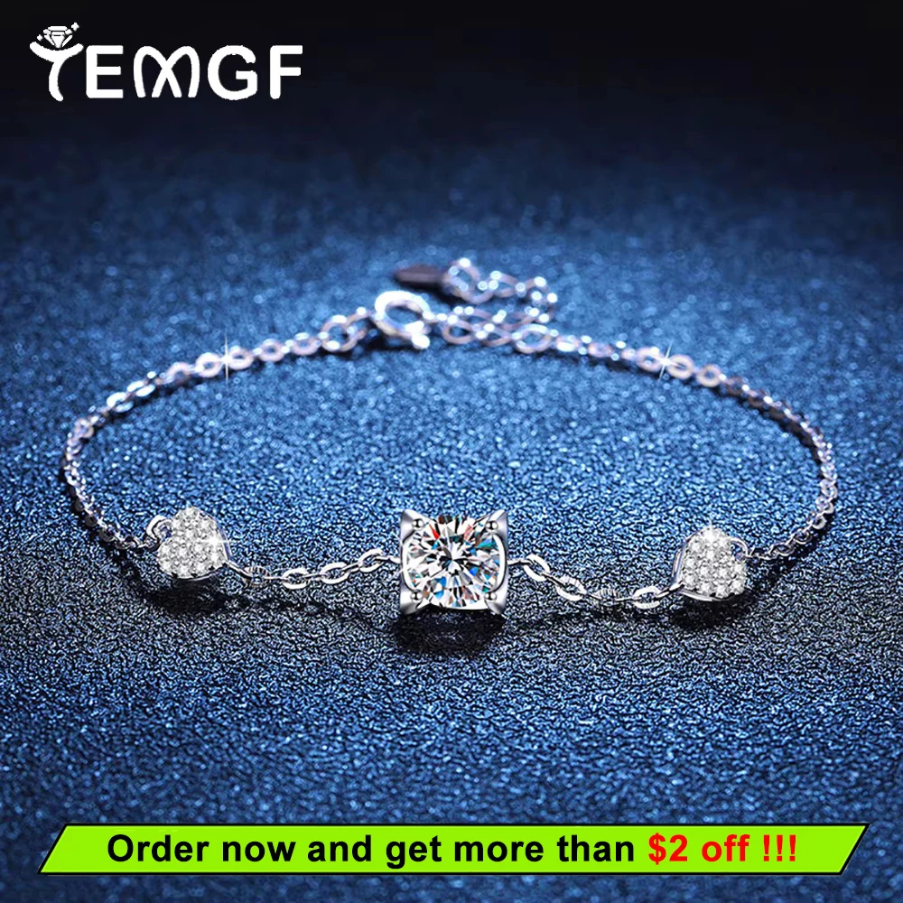 

TEMGF S925 Sterling Silver Bracelet for Women Girls 1CTTW Moissanite/Zircon Inlay Simple Fine Jewelry Date Romantic Love Gifts