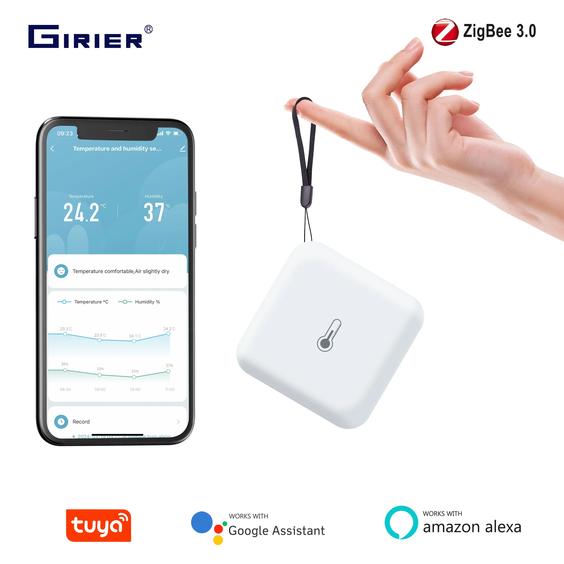 GIRIER Tuya ZigBee Temperature Humidity Sensor Smart Hygrometer Indoor Thermometer Works with Alexa/Hey Google/Home Assistant