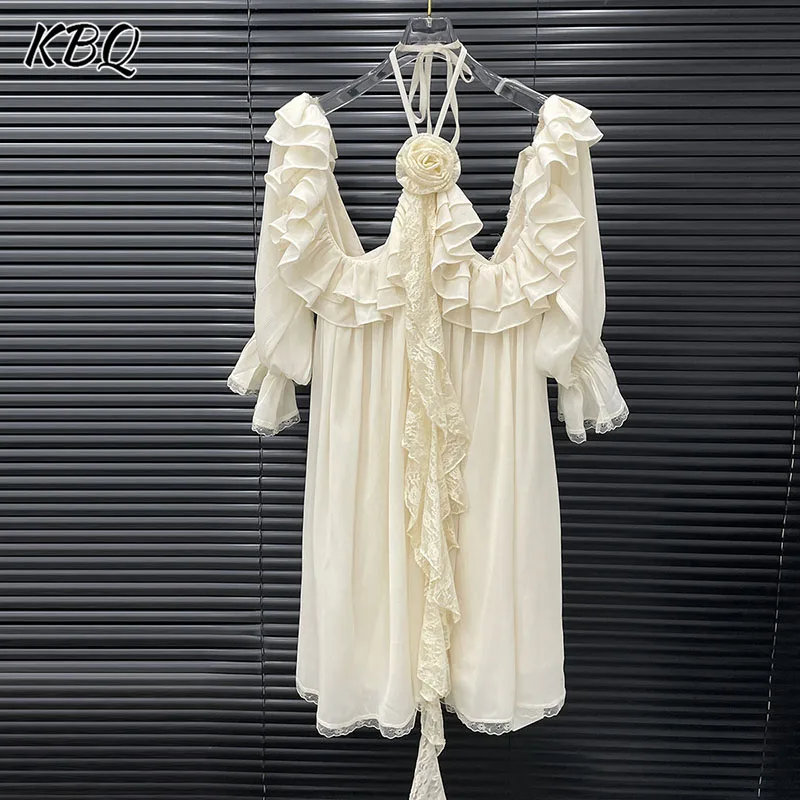 

KBQ Solid Spliced Ruffles Loose Dreses for Women Square Collar Long Sleeve High Waist Patchwok Appliques Dress Female Fashion