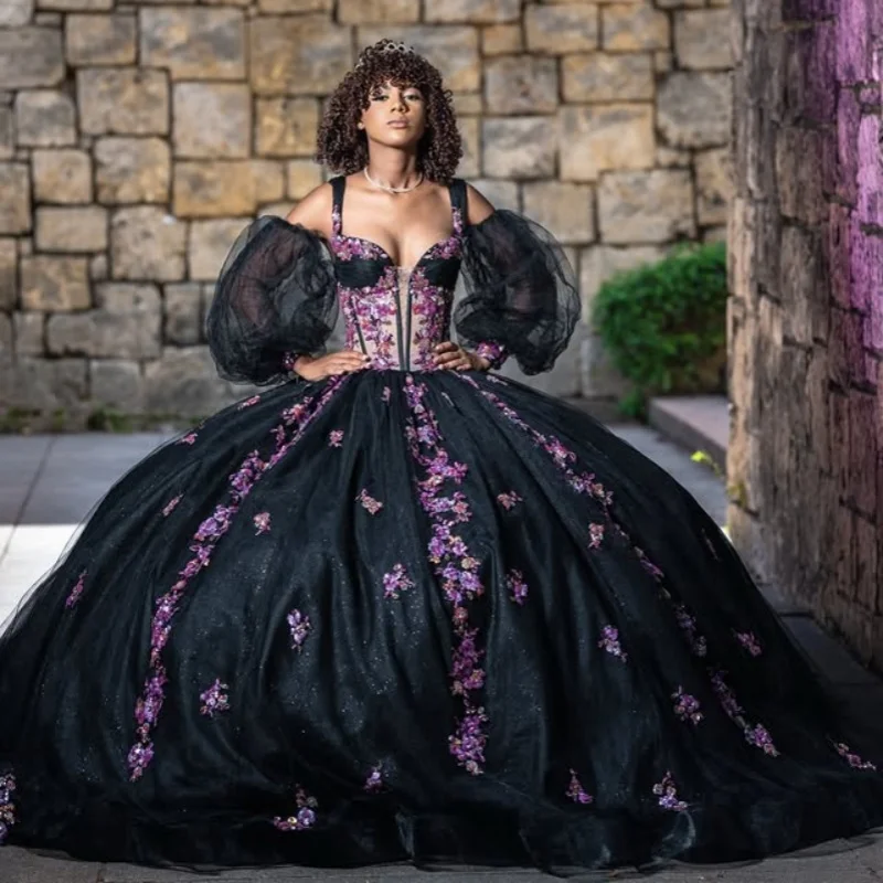 

Shiny Black Quinceanera Dress Crystal Glitter 3D flower Decal off-shoulder Long tail Vestidos De 15 Quinceanera ﻿Customize