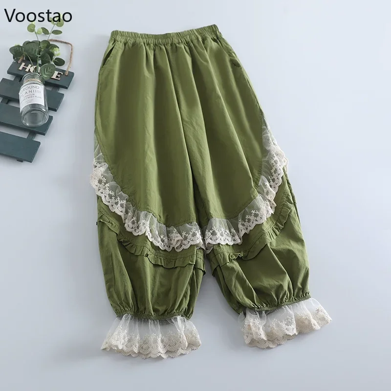 Vintage Sweet Lolita Bloomers Women Kawaii Lace Ruffles Patchwork Loose Pants Girls Casual Elastic Waist Trousers Ropa Mujer