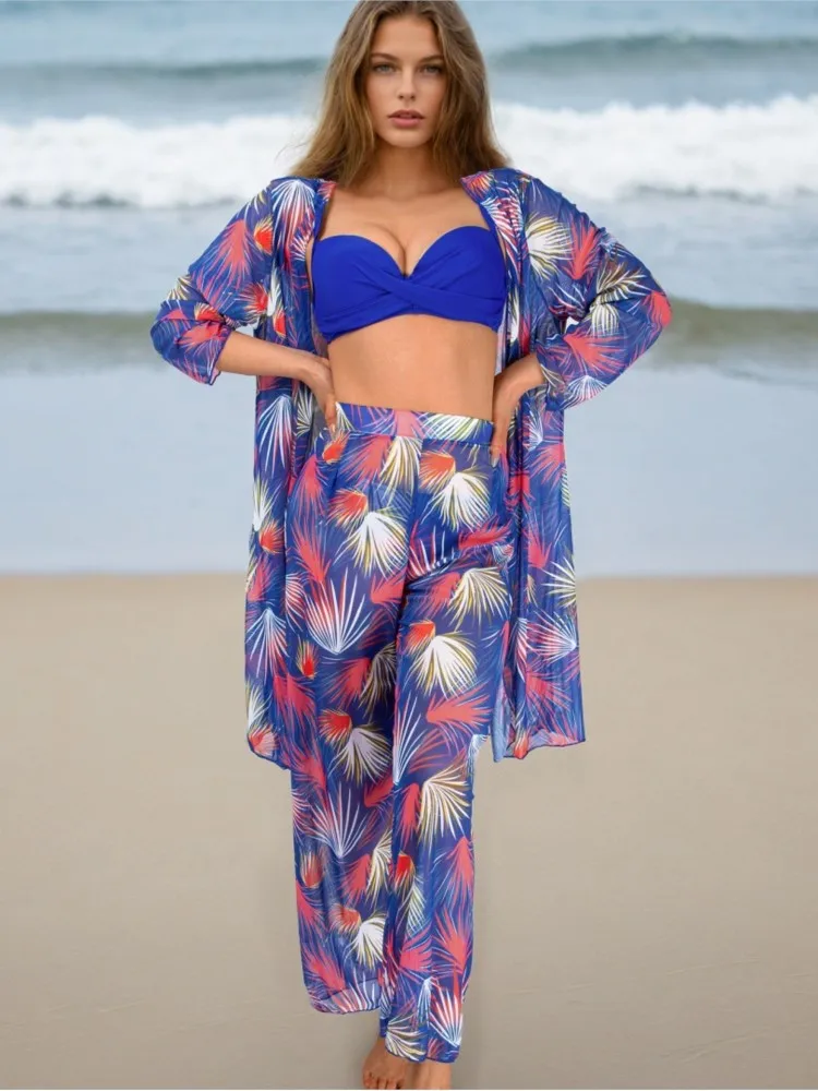 

Retro Blue Bikini Printed Fashion 4 Piece Swimsuit And Cover Up With Pants Tight Women's Bandage Summer Beach Luxury Elegant