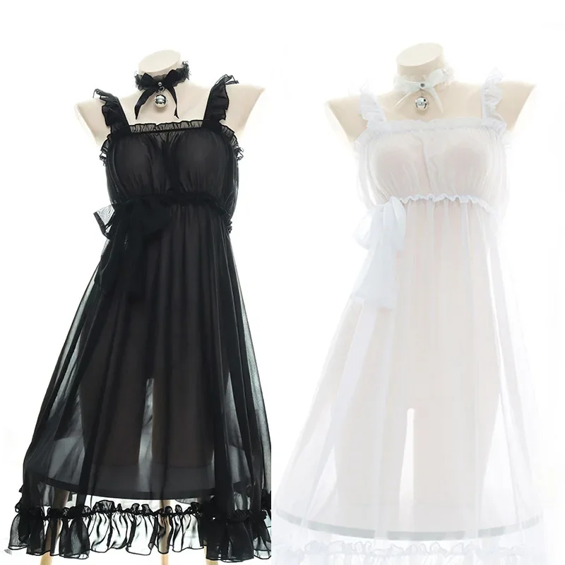 See-through chiffon dress women sexy sling skirt Lolita Girls cute bride cosplay costume erotic lingerie pajamas with collar set