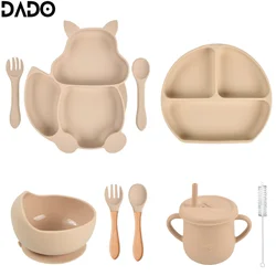 Kit juego alimentación silicona vajilla para bebé cuencos succión platos divididos taza Sippy paja utensilios autoalimentación para niños pequeños juego platos baberos cucharas tenedor complementaria