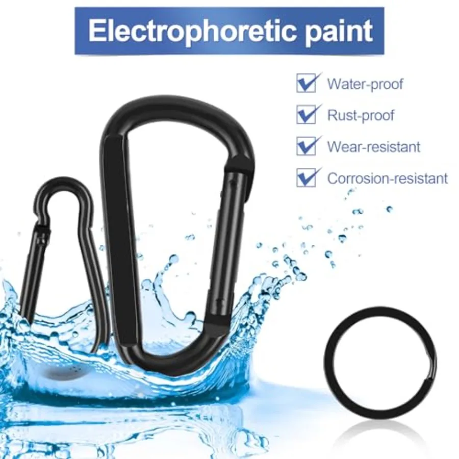 مشبك حلقة تسلق شديد التحمل من [العلامة التجارية] مجموعة مكونة من 850 رطلًا مكونة من 3 قطع: على شكل حرف D + طقم مكون من قطعتين على شكل قرع مكون من 6 حلقات مفاتيح خطافات زنبركية باللون الأسود للخارج