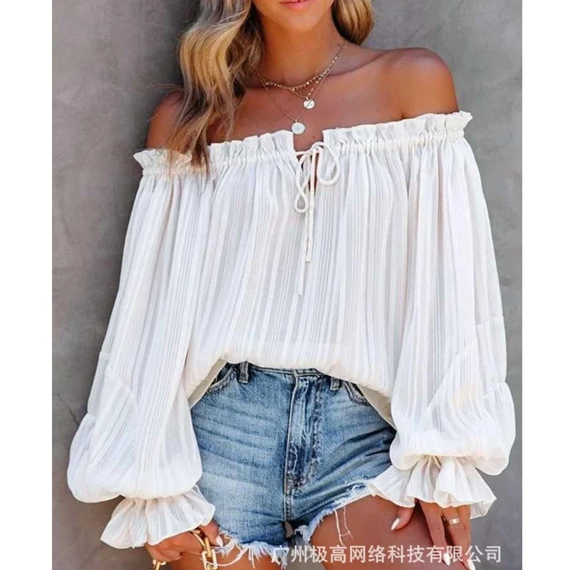 New Summer Blouse Women\'s Solid Color Pleated Loose Lace-up Blouse Women\'s Casual Lantern Sleeve Off Shoulder Slash Neck Shirt