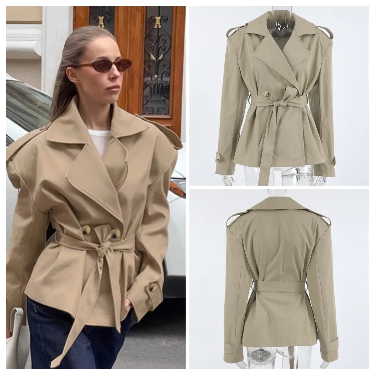 

Vintage Solid Slim Women's Windbreaker Turn-down Collar Long Sleeve Lace Up Waist Cinching Jackets New Chic Lady Locomotive Tops