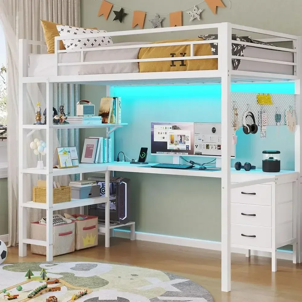 Twin Size Metal Bed with L-Shaped Desk, LED Lights, Charging Station, Fabric Drawers & Shelves, 13.4 Safety Guard, No Box Spring