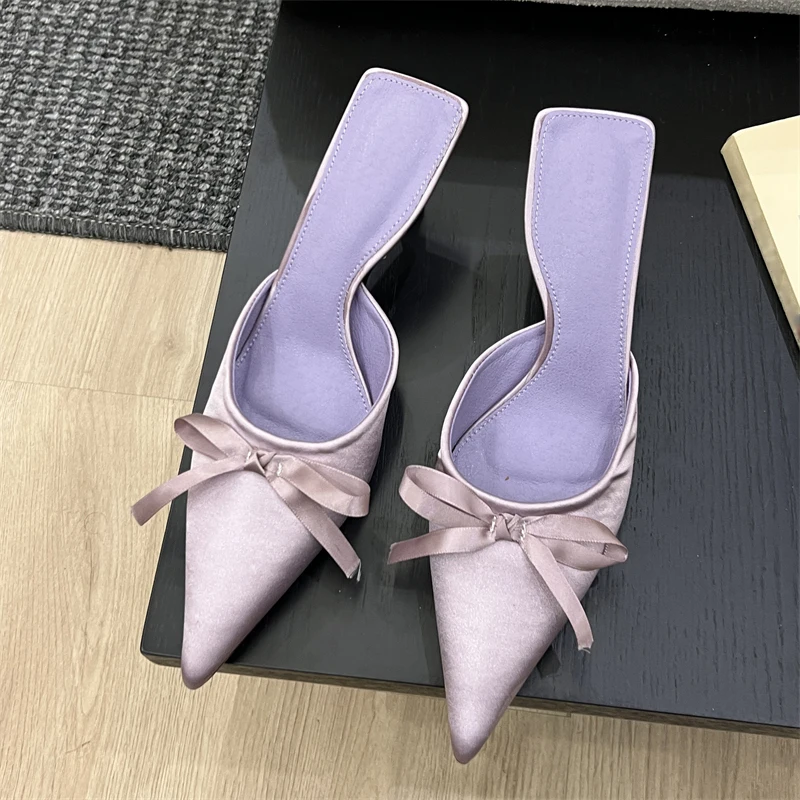 Eilyken Spring Summer Silk Butterfly-knot Women's Slippers Sandals Pointed Toe High Heel Pumps Ladies Stripper Mules Shoe