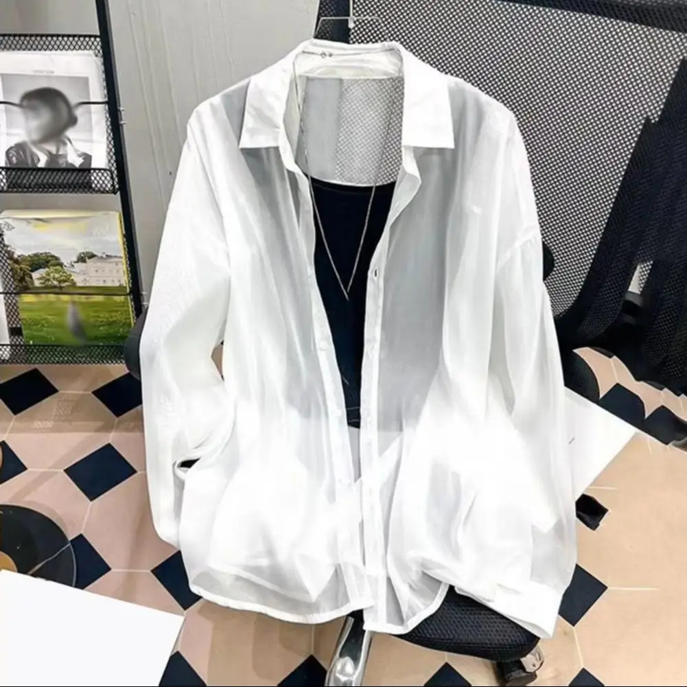 

2025 Women Long Sleeve Shirt Lapel Collar Shirt Women's Summer Chiffon Lapel Shirt Coat Long Sleeve Single Breasted Sun for Wome