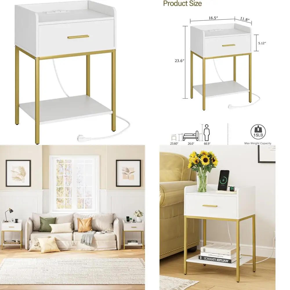 

Трехуровневая белая современная прикроватная тумбочка с зарядной станцией, выдвижным ящиком и полкой для спальни или гостиной