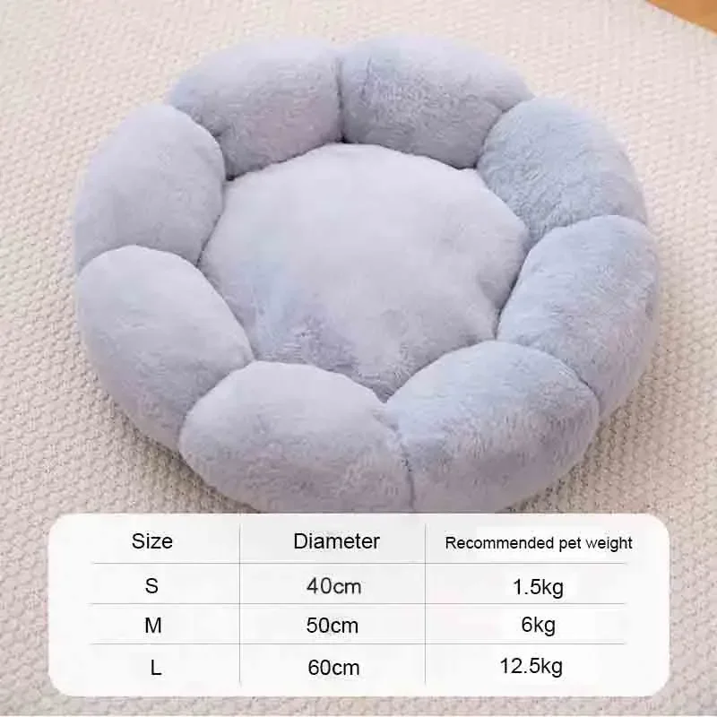 Plush Pet Bed Winter Warm Calming Round Cat Dog Bed Anti-Anxiety Pet Deep Sleep Cushion Flower Shape Cat Bed Thick Cuddle Nest