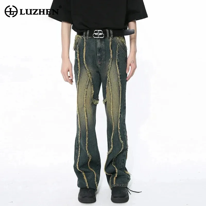 

LUZHEN Pants 2024 Denim Men's New Fashion Streetwear Deconstructed Ragged Edge Burr Splicing Damaged Design Washed Jeans LZ5299