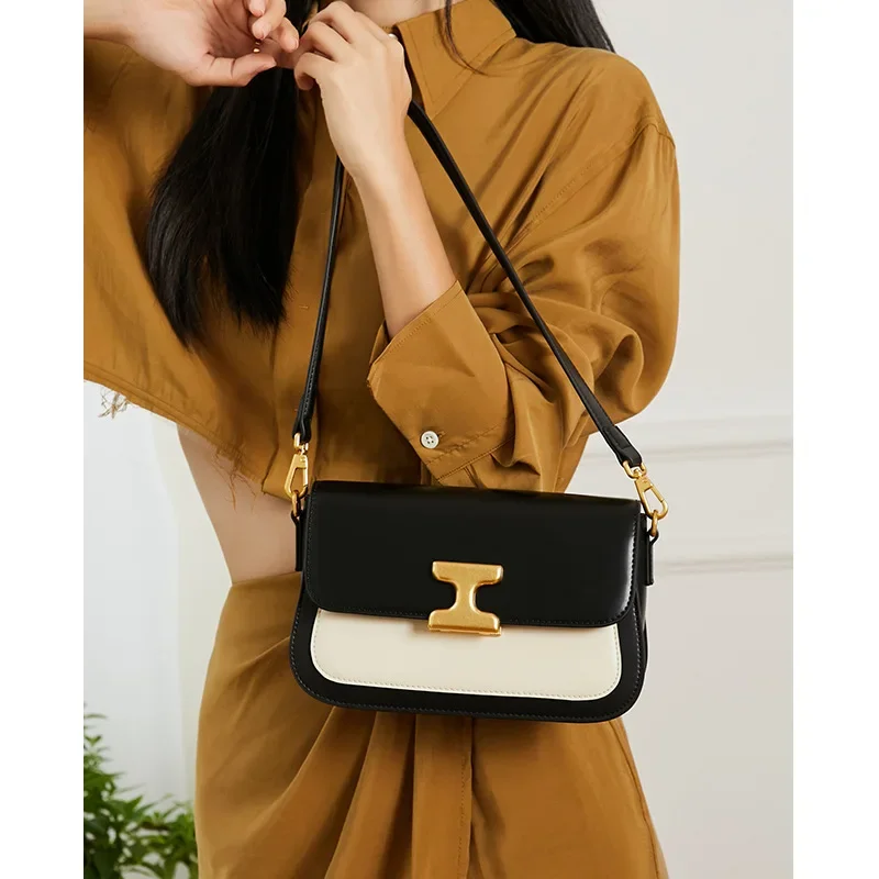 ZR DIARY French Style Shoulder Bag Women Genuine Cow Leather Small Square Bag Mixed Color Fashion Crossbody Bag M115