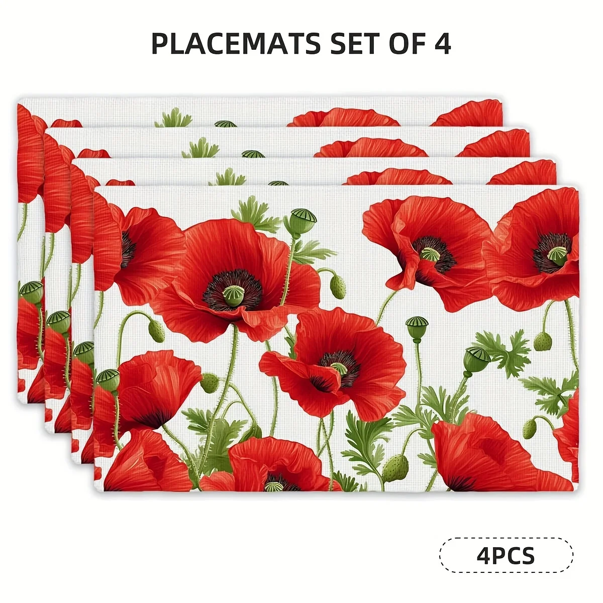 Set of 4 Square Placemats Thin Polyester Material Vibrant Red Poppy Floral Design Eye-Catching Rectangular Table Mats