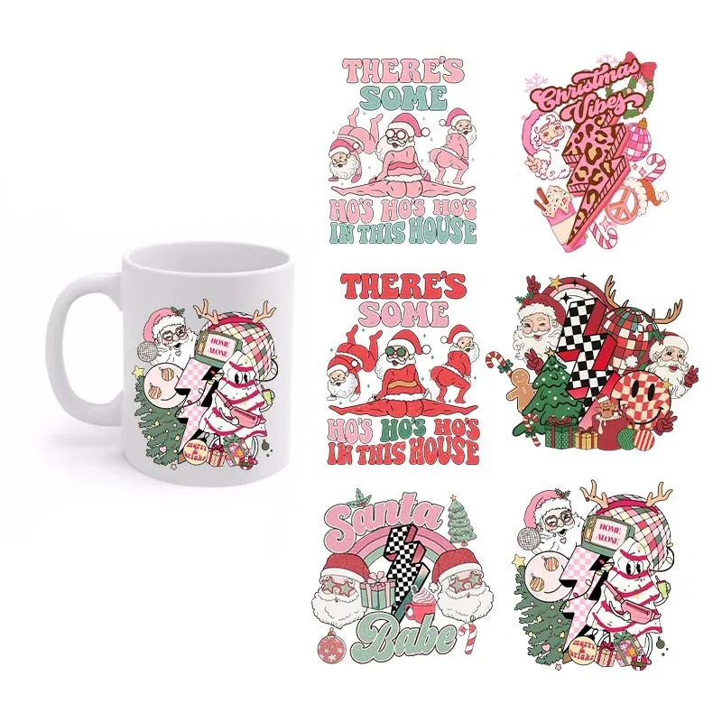 6 Adet Noel Noel Baba Komik Isı DTF Transferi Etiket Dayanıklı Su Geçirmez Sarar Fincan Karikatür Özel Çıkartmalar