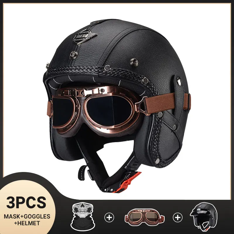 Classic Motorcycle Helmet PU Leather Open Face 3/4 Chopper Bicycle Helmets Casco Moto Vintage Safety Helmet With Goggles