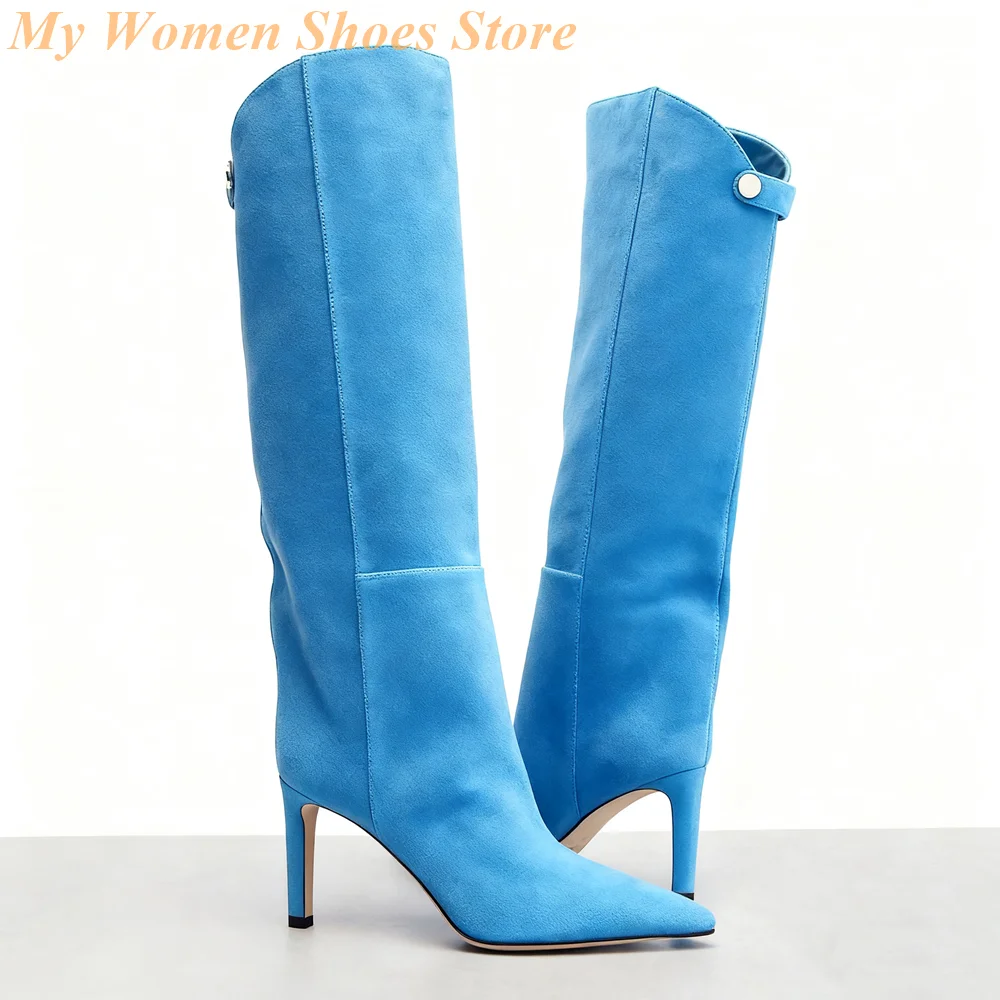 

Suede Back Buckle Blue Boots Stiletto Thin High Heel Slip On Sexy Pointy Toe Runway 2026 Winter Autumn Women Dress Shoes