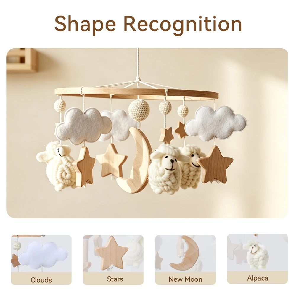 Knitted Alpaca Baby Crib Mobile Wooden Moon Stars Clouds 360 Degree Rotation Sensory Toy for Visual Development Baby Rattle Toys