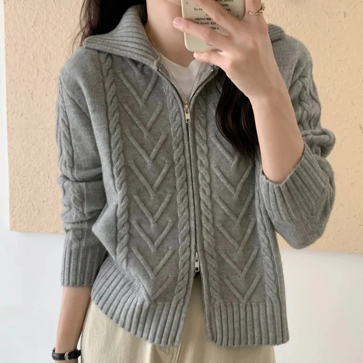 

Chic Fashion Gray Twist Zipper Sweater Jacket Women's Spring Autumn Thickened Knitted Cardigan Coat Cardigan Crop Top