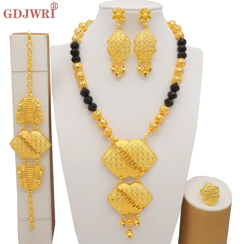 Luxury Dubai Gold Color Jewelry Sets African Indian Ethiopia Bridal Wedding Gifts Party For Women Necklace Earrings Jewelry Set