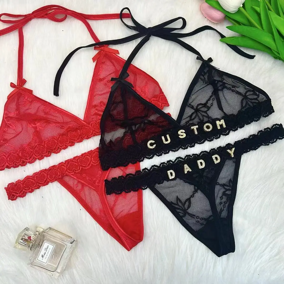 Custom Lingerie Set Thong Panties Bra Set with Name Rhinestone Customized Thongs Personalized G-String Tanga Bikini Jewelry Gift