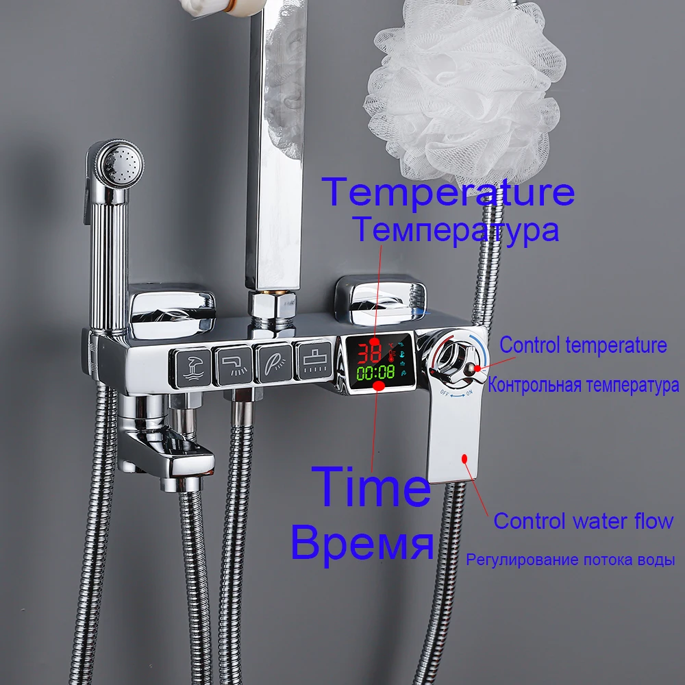 Imagem -03 - Conjunto Termostático de Torneira de Chuveiro Longo Rainfall Display Torneira Banheira com Prateleira do Banheiro Fluxo de Água Produz Eletricidade