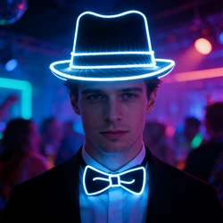 Men Gift Neon EL Wire Glowing Black Ties Fedor Hat Wedding Party Decor LED Luminous Neck Ties For Men DJ Bar Club Stage Prop