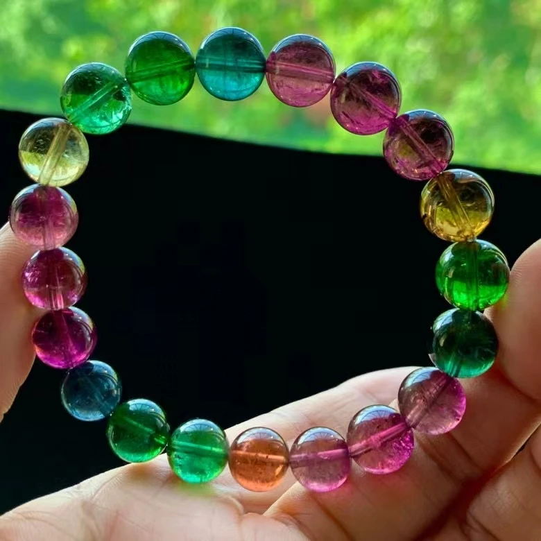 Natural Colorful Red Tourmaline Clear Round Beads Bracelet Brazil 10mm Red Green Tourmaline For Women Men AAAAAAA