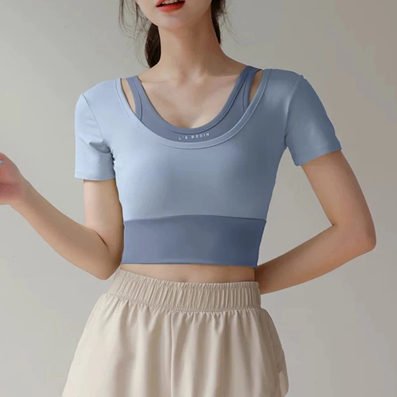 

Women's yoga exercise short sleeved shirt, fake two-piece quick drying breathable tight fitting fitness top