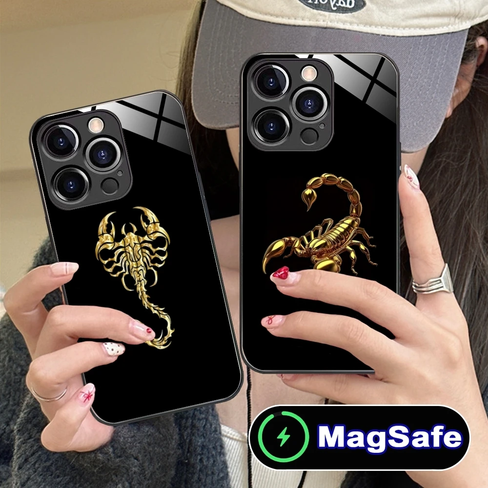 Golden Scorpio Mobile Cell Phone Case for iPhone 16 15 14 13 12 11 Pro Max Plus Mini MagSafe Wireless Charging Glass Cover