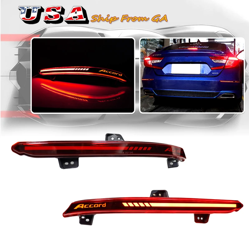 LED Rear Bumper Reflector Tail Light For Honda Accord 2018 2019 2020 2021 2022 23 Brake Driving Lamp W/ Yellow Dynamic Turn