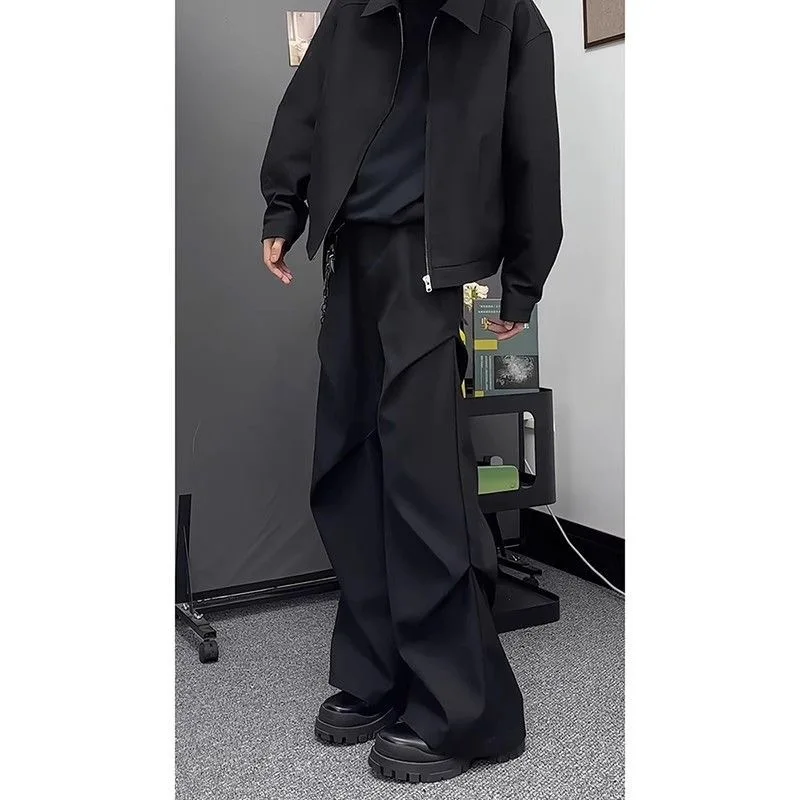 ARENS الذكور السراويل سبليت مطوي الماس على شكل فضفاض عادية واسعة الساق بنطلون واسعة الساق ثلاثي الأبعاد ملابس رجالية الصيف