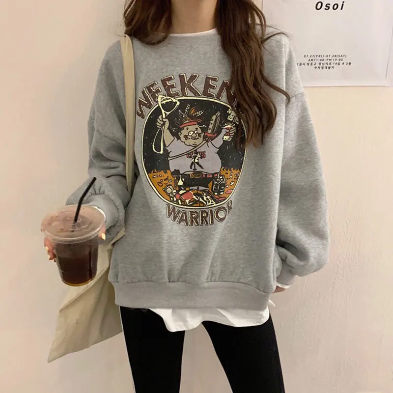 

American Retro Style Women's Sweatshirt Gray Fake Two Pieces Hoodies New Loose Big Cartoon Graphics Student Tops Girl's Clothing