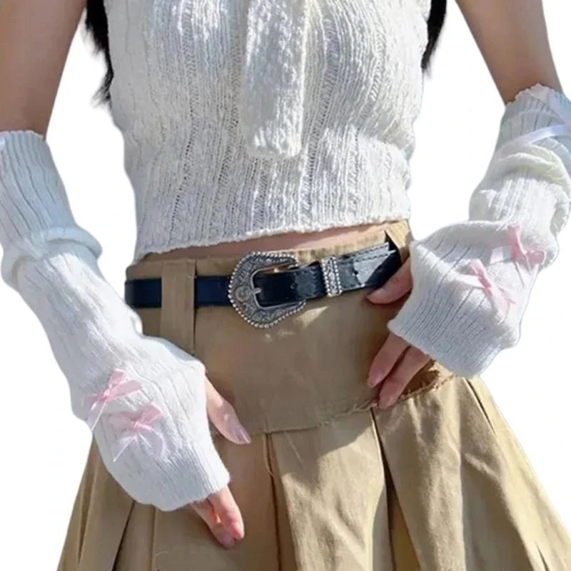 Aquecedor de braço doce de malha macia com designs de laço para mulheres meninas luvas de meio dedo mangas de braço de cor sólida