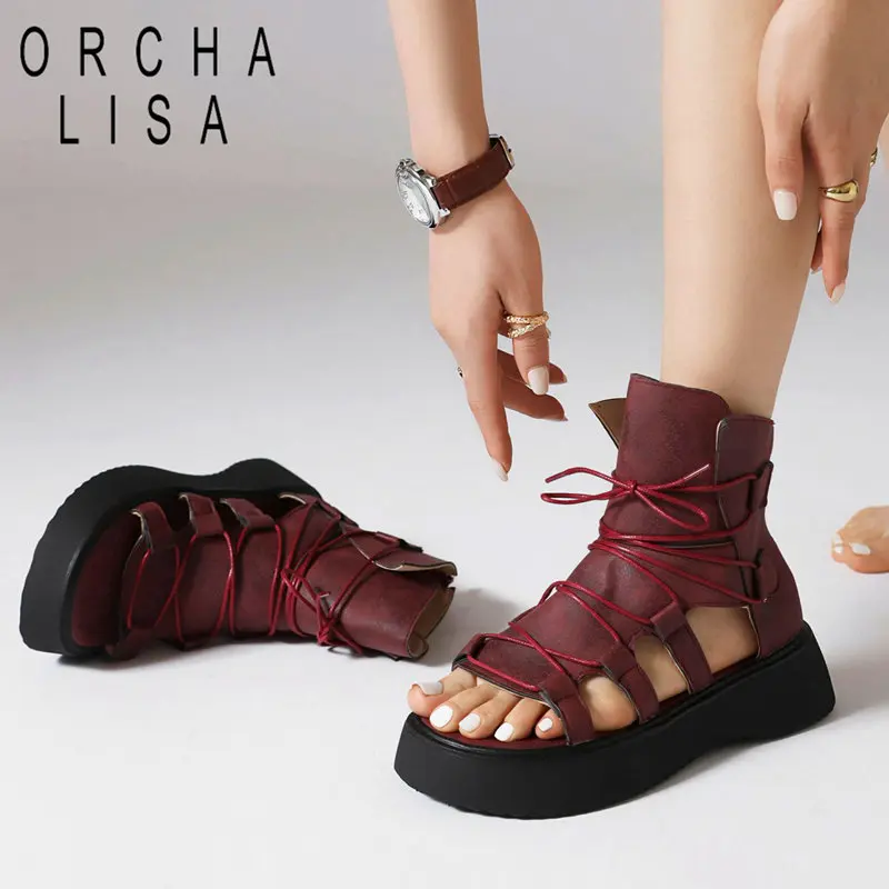 ORCHA LISA Women Sandals Round Toe Flats Platform 4.5cm Lace Cover Heel Soft Concise Daily Female Shoes Large Size 44 45 46