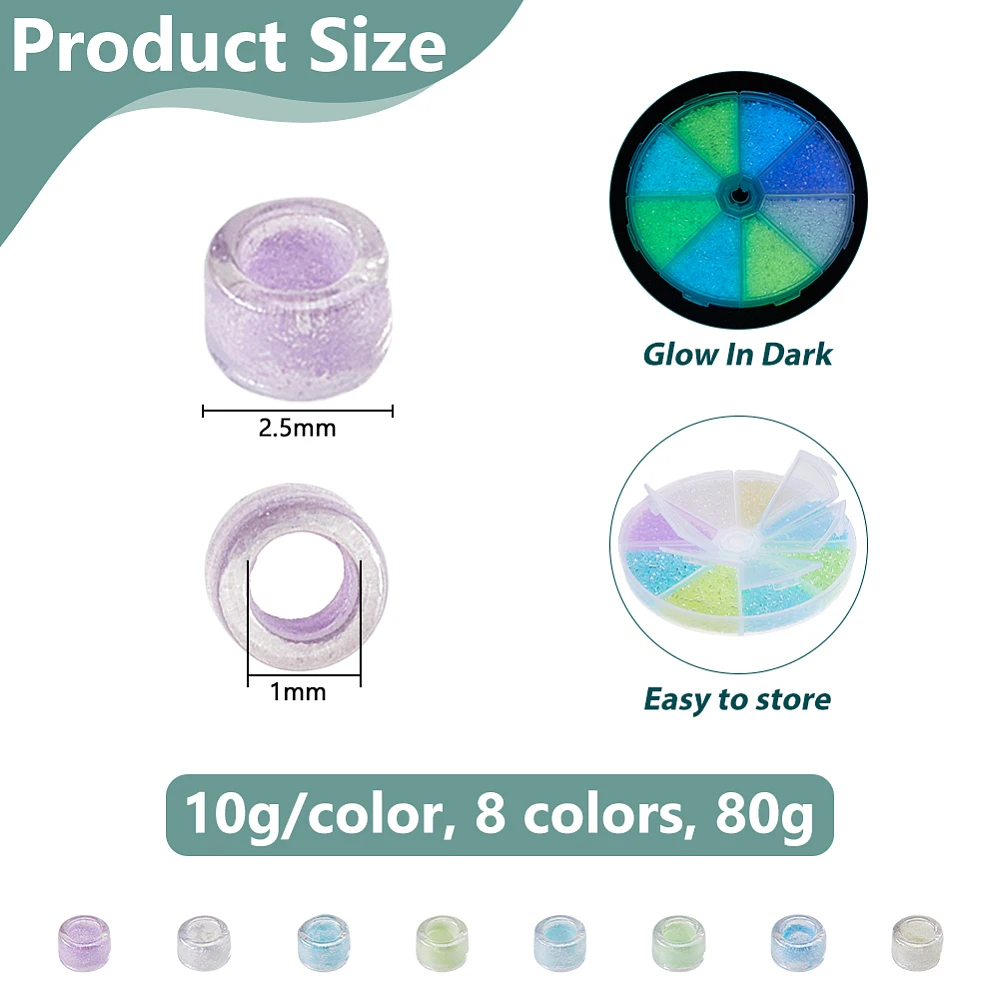 80G 8 Colors Cylinder Glass Seed Beads Glow in The Dark Beads 2.5mm Small Glass Seed Bead Blue Cyan Color UV Bracelet Bead